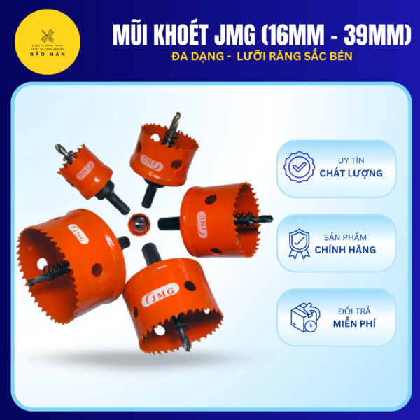 Mũi Khoét Lỗ Tròn JMG 16mm-39mm – Mũi Khoan Đa Năng Khoan Sắt, Inox, Nhựa, Gỗ, Phù Hợp Tất Cả Các Vật Liệu